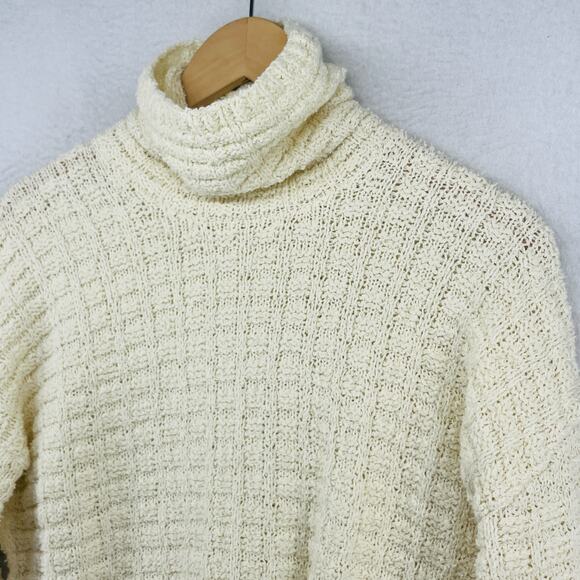 EILEEN FISHER Sweater M Stitch Plaid Waffle Turtleneck Organic Cotton Off White - Picture 1 of 16